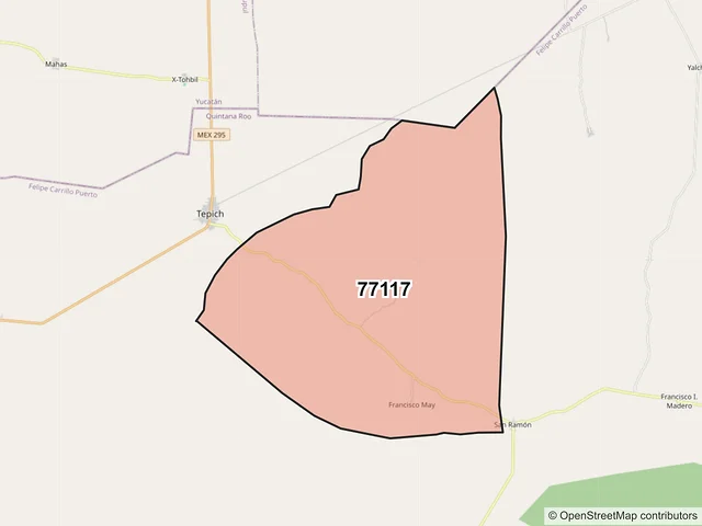 Mapa del código postal 77117, Felipe Carrillo Puerto, Quintana Roo