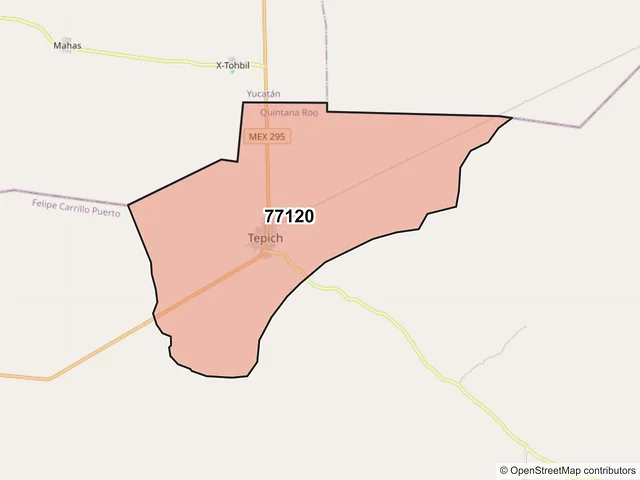 Mapa del código postal 77120, Felipe Carrillo Puerto, Quintana Roo