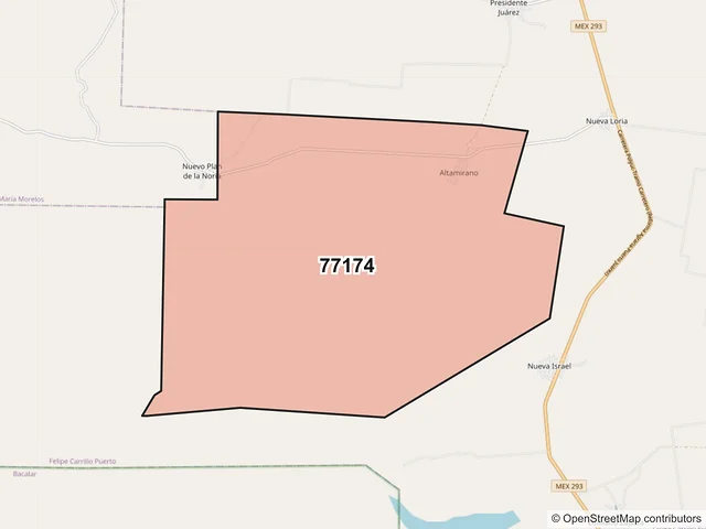 Mapa del código postal 77174, Felipe Carrillo Puerto, Quintana Roo