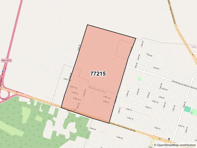 Mapa del código postal 77215, Felipe Carrillo Puerto, Quintana Roo
