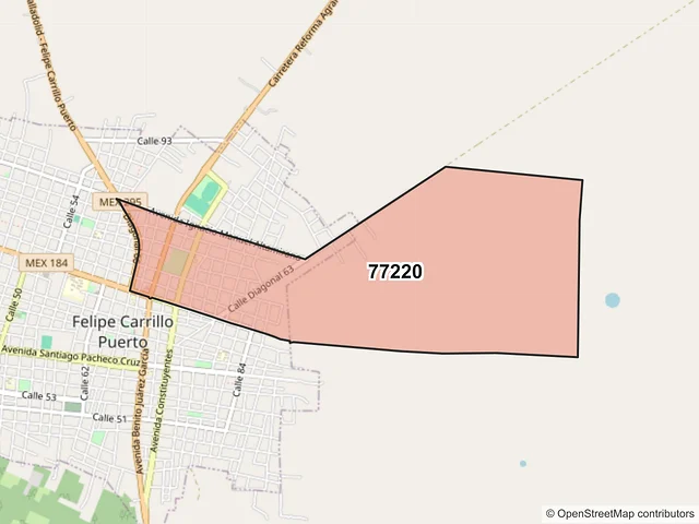 Mapa del código postal 77220, Felipe Carrillo Puerto, Quintana Roo