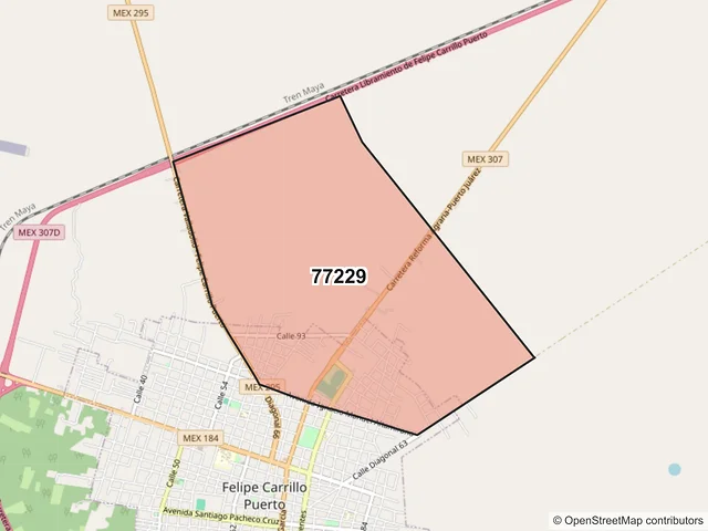 Mapa del código postal 77229, Felipe Carrillo Puerto, Quintana Roo