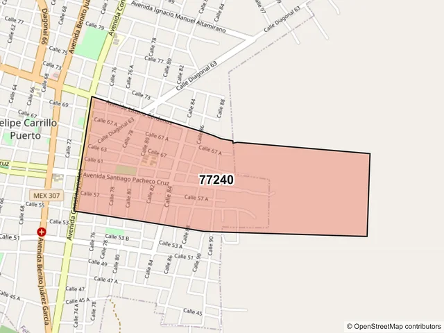 Mapa del código postal 77240, Felipe Carrillo Puerto, Quintana Roo