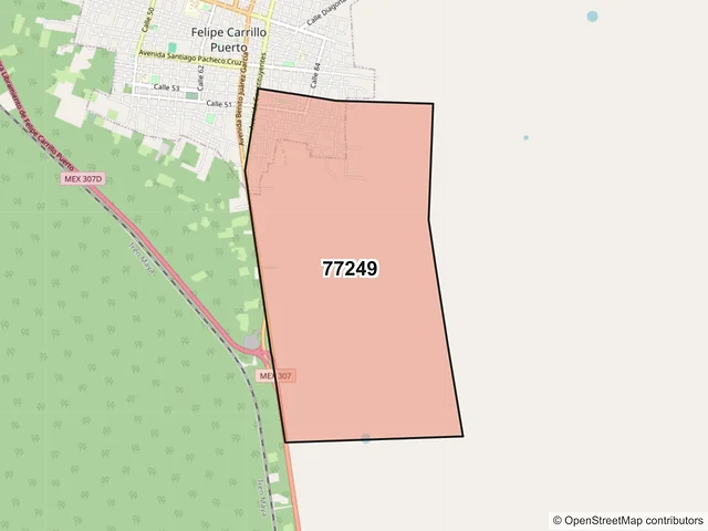 Mapa del código postal 77249, Felipe Carrillo Puerto, Quintana Roo
