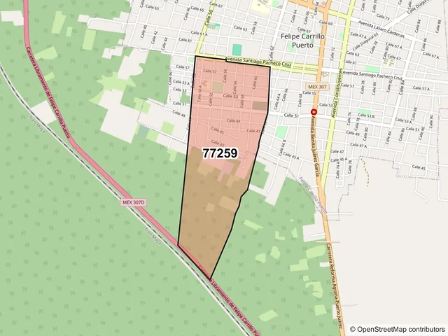 Mapa del código postal 77259, Felipe Carrillo Puerto, Quintana Roo