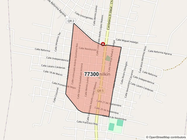 Mapa del código postal 77300, Lázaro Cárdenas, Quintana Roo