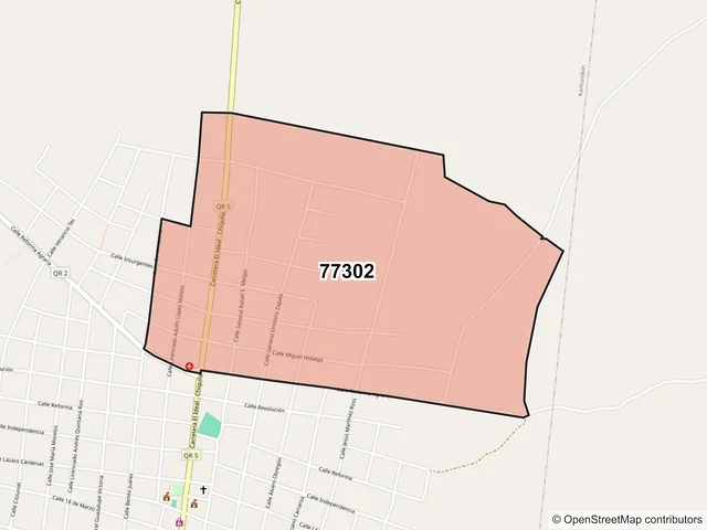 Mapa del código postal 77302, Lázaro Cárdenas, Quintana Roo