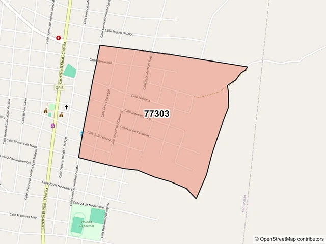 Mapa del código postal 77303, Lázaro Cárdenas, Quintana Roo