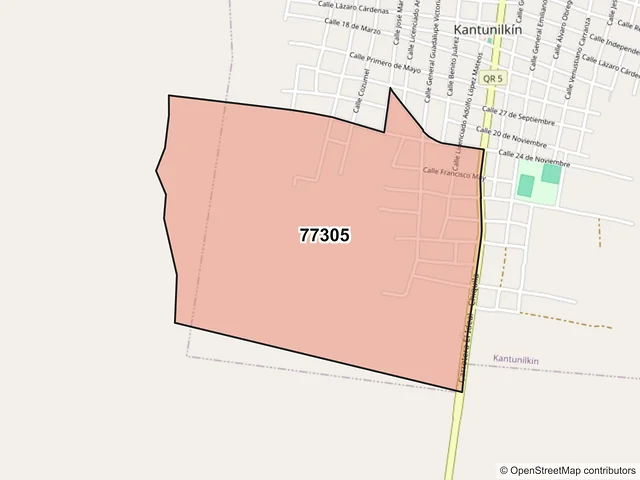 Mapa del código postal 77305, Lázaro Cárdenas, Quintana Roo