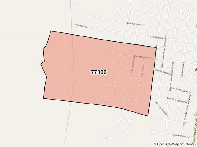 Mapa del código postal 77306, Lázaro Cárdenas, Quintana Roo