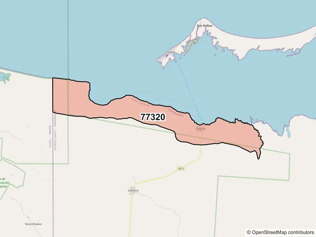 Mapa del código postal 77320, Lázaro Cárdenas, Quintana Roo