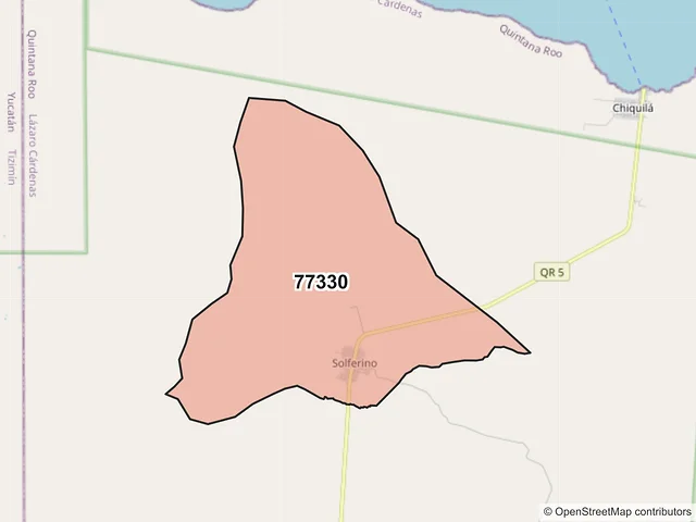 Mapa del código postal 77330, Lázaro Cárdenas, Quintana Roo