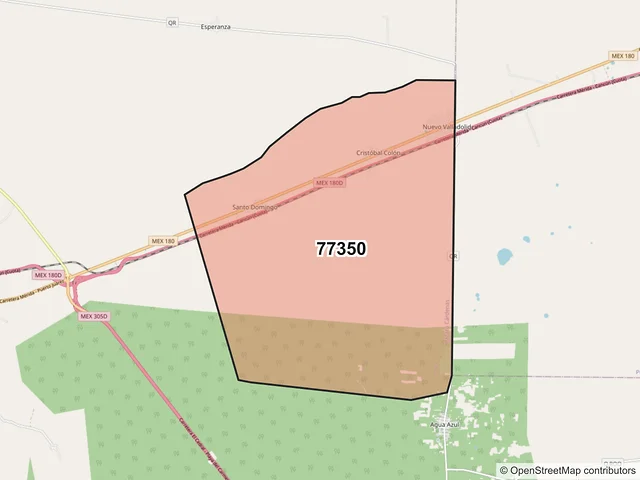 Mapa del código postal 77350, Lázaro Cárdenas, Quintana Roo