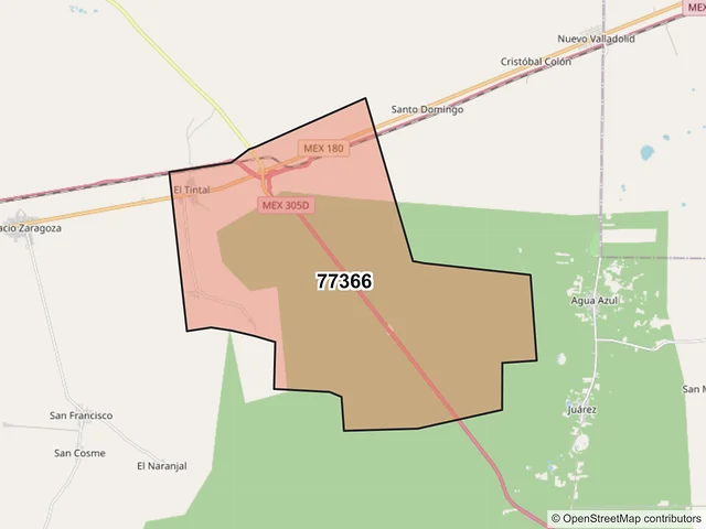 Mapa del código postal 77366, Lázaro Cárdenas, Quintana Roo