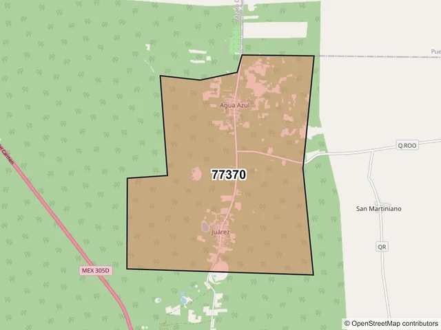 Mapa del código postal 77370, Lázaro Cárdenas, Quintana Roo