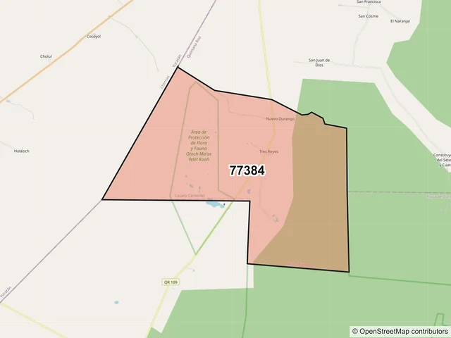 Mapa del código postal 77384, Lázaro Cárdenas, Quintana Roo