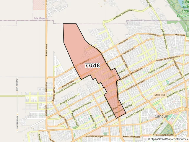 Mapa del código postal 77518, Cancún, Quintana Roo