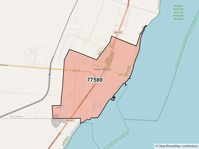 Mapa del código postal 77580, Puerto Morelos, Quintana Roo