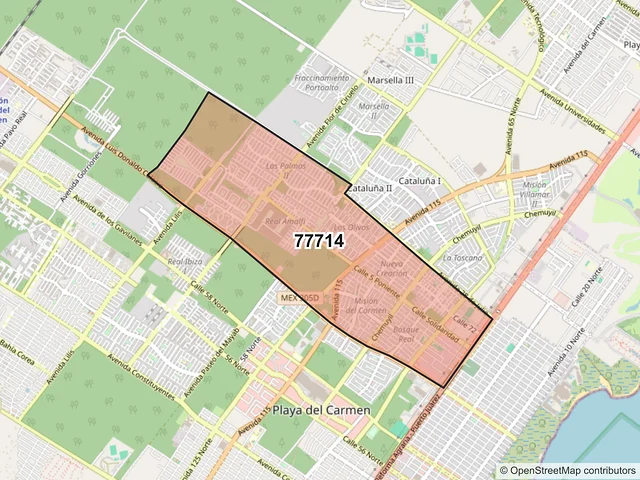 Mapa del código postal 77714, Playa del Carmen, Quintana Roo