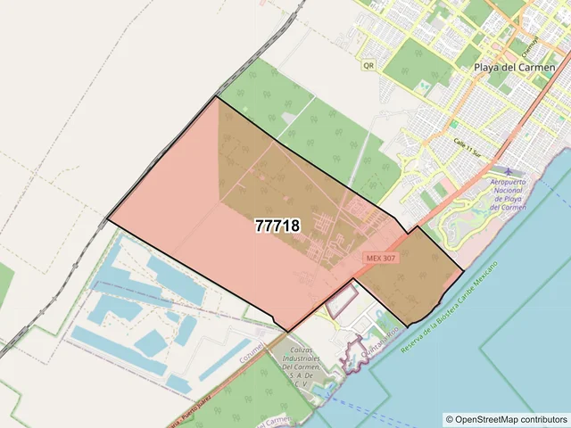 Mapa del código postal 77718, Playa del Carmen, Quintana Roo