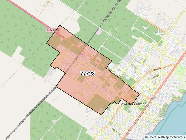 Mapa del código postal 77723, Playa del Carmen, Quintana Roo
