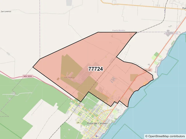 Mapa del código postal 77724, Playa del Carmen, Quintana Roo