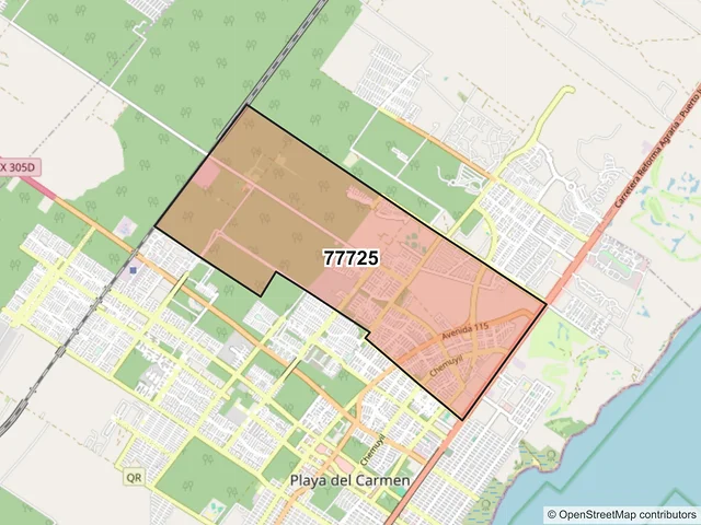 Mapa del código postal 77725, Playa del Carmen, Quintana Roo