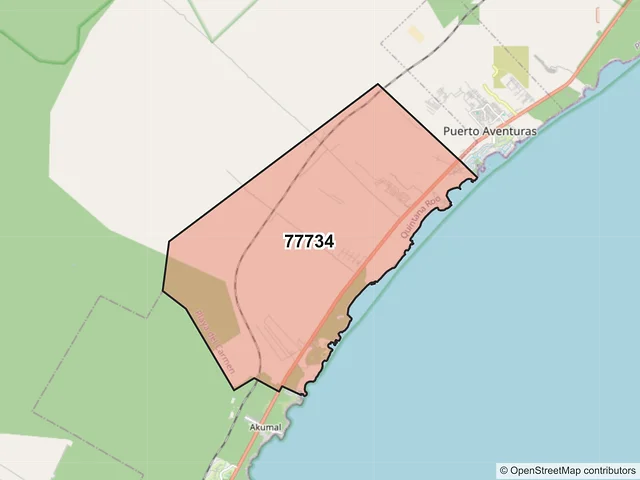 Mapa del código postal 77734, Solidaridad, Quintana Roo