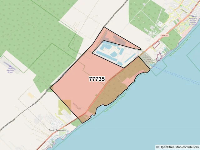 Mapa del código postal 77735, Solidaridad, Quintana Roo