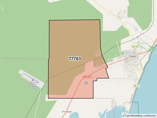 Mapa del código postal 77763, Tulum, Quintana Roo