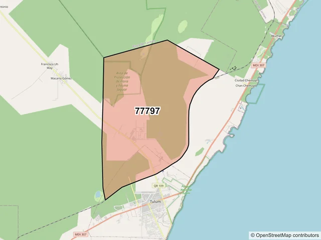 Mapa del código postal 77797, Tulum, Quintana Roo