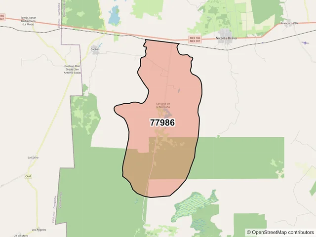 Mapa del código postal 77986, Othón P. Blanco, Quintana Roo
