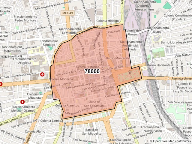 Mapa del código postal 78000, San Luis Potosí, San Luis Potosí