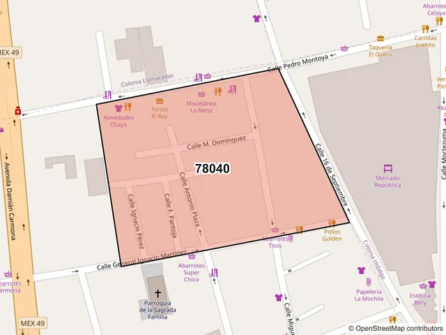 Mapa del código postal 78040, San Luis Potosí, San Luis Potosí