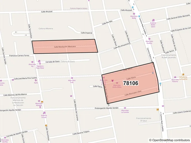 Mapa del código postal 78106, San Luis Potosí, San Luis Potosí
