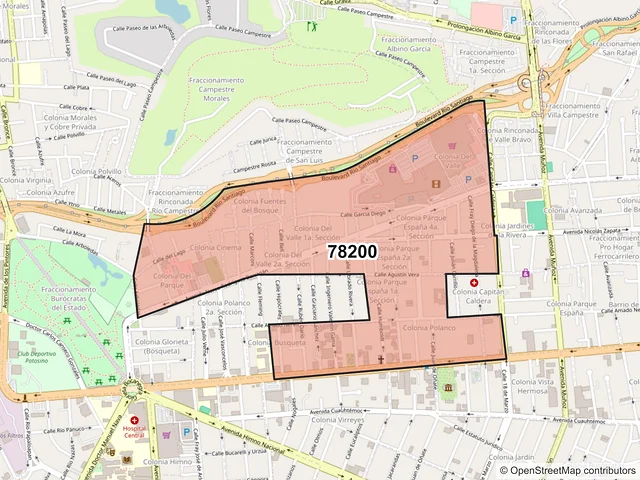 Mapa del código postal 78200, San Luis Potosí, San Luis Potosí