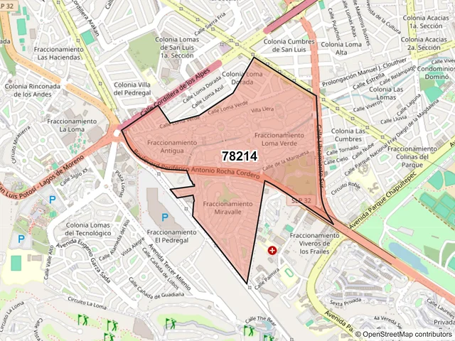 Mapa del código postal 78214, San Luis Potosí, San Luis Potosí