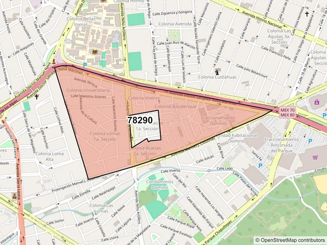 Mapa del código postal 78290, San Luis Potosí, San Luis Potosí