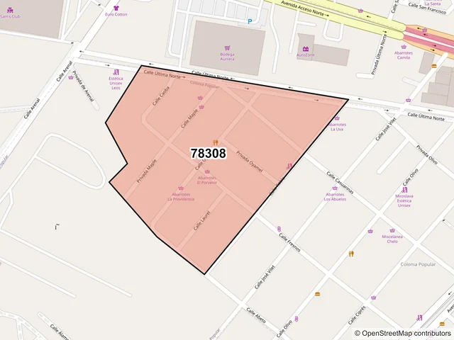 Mapa del código postal 78308, San Luis Potosí, San Luis Potosí