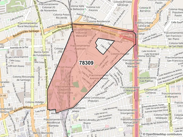 Mapa del código postal 78309, San Luis Potosí, San Luis Potosí
