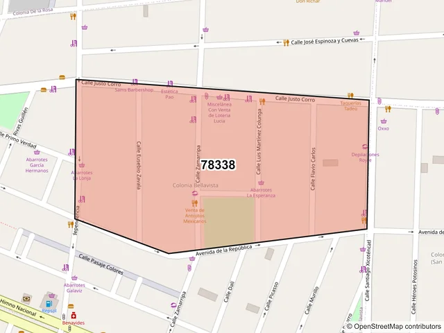 Mapa del código postal 78338, San Luis Potosí, San Luis Potosí