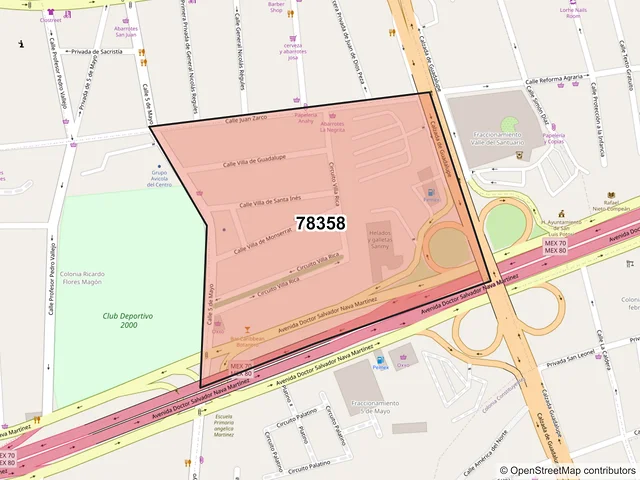Mapa del código postal 78358, San Luis Potosí, San Luis Potosí