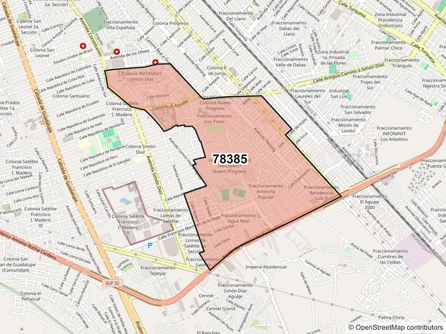 Mapa del código postal 78385, San Luis Potosí, San Luis Potosí
