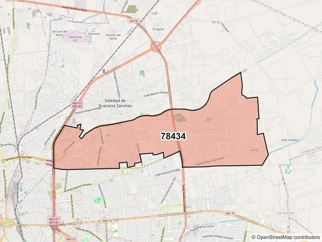 Mapa del código postal 78434, Soledad de Graciano Sánchez, San Luis Potosí