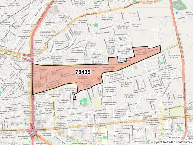 Mapa del código postal 78435, Soledad de Graciano Sánchez, San Luis Potosí