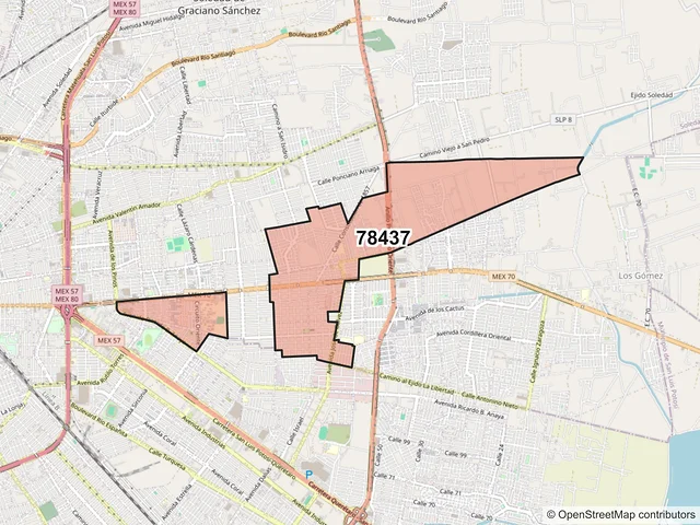 Mapa del código postal 78437, Soledad de Graciano Sánchez, San Luis Potosí