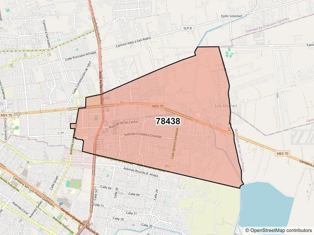 Mapa del código postal 78438, Soledad de Graciano Sánchez, San Luis Potosí