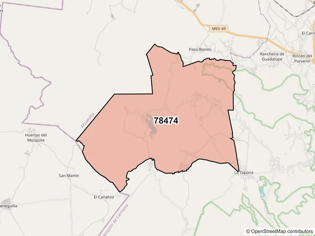 Mapa del código postal 78474, Mexquitic de Carmona, San Luis Potosí