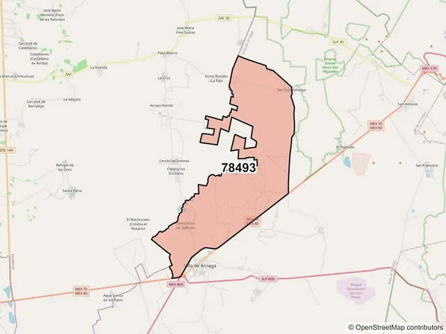 Mapa del código postal 78493, Villa de Arriaga, San Luis Potosí