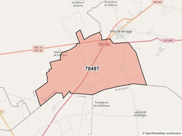 Mapa del código postal 78497, Villa de Arriaga, San Luis Potosí